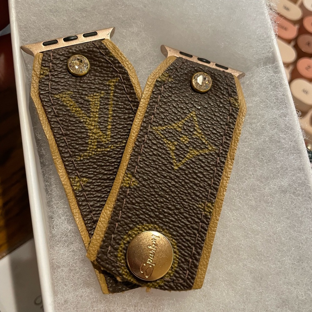 Apple watch band. Up cycled Louis Vuitton. Fits 42/44mm watch. Rose gold finish.
